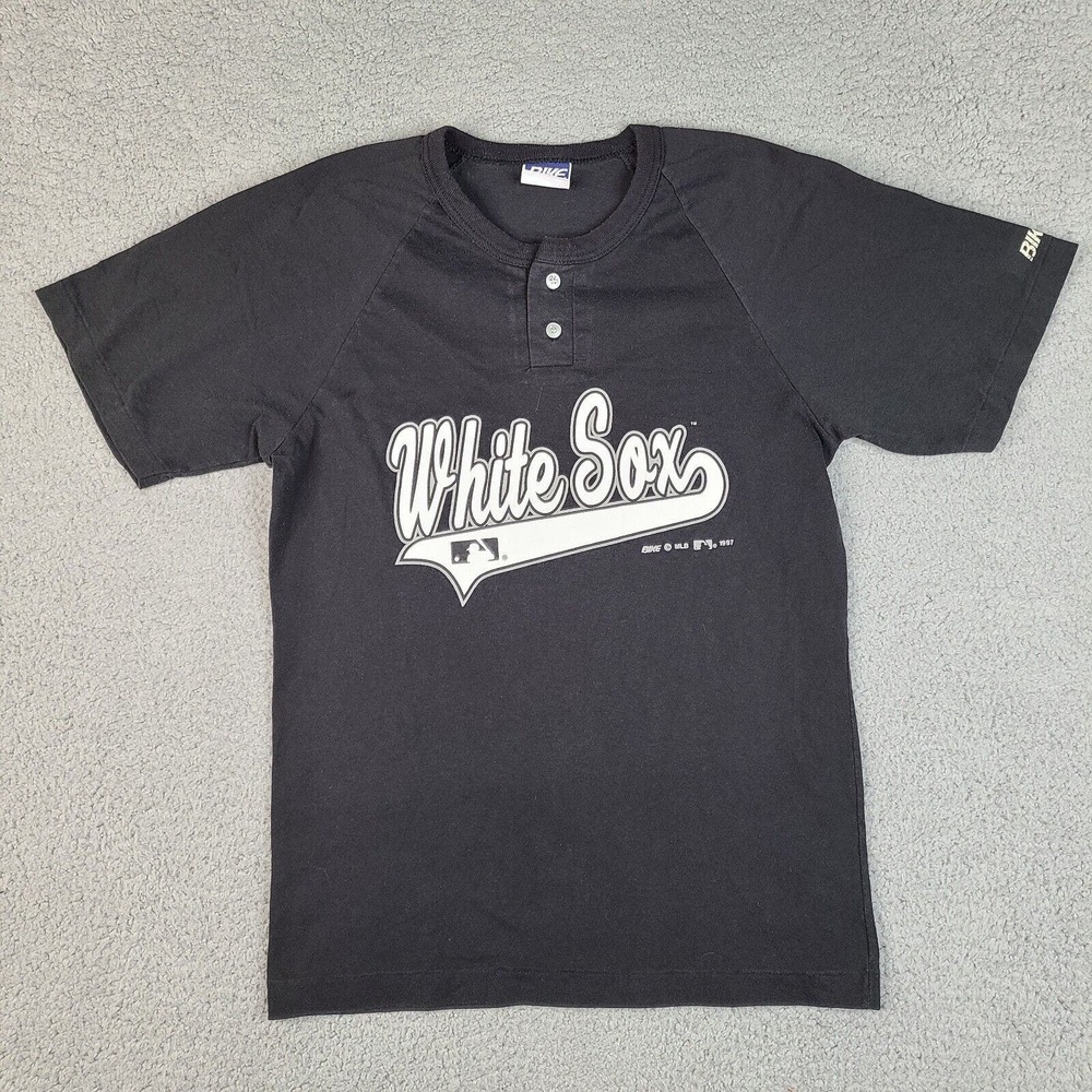 VTG Chicago White Sox T-Shirt Youth‎ Medium Black Henley Buttons Bike 1997 Boys